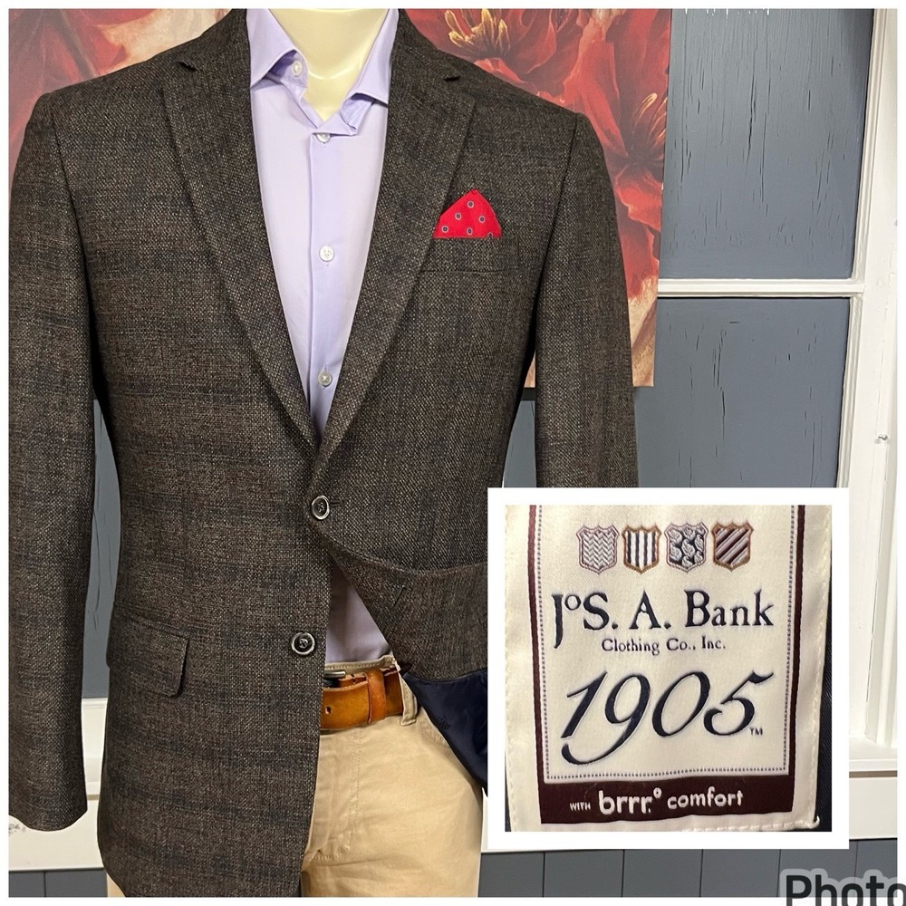 Jos A Bank Soft Knit Blazer Mens 40R Tailored Fit Wool Blend Stretch Brown/Navy